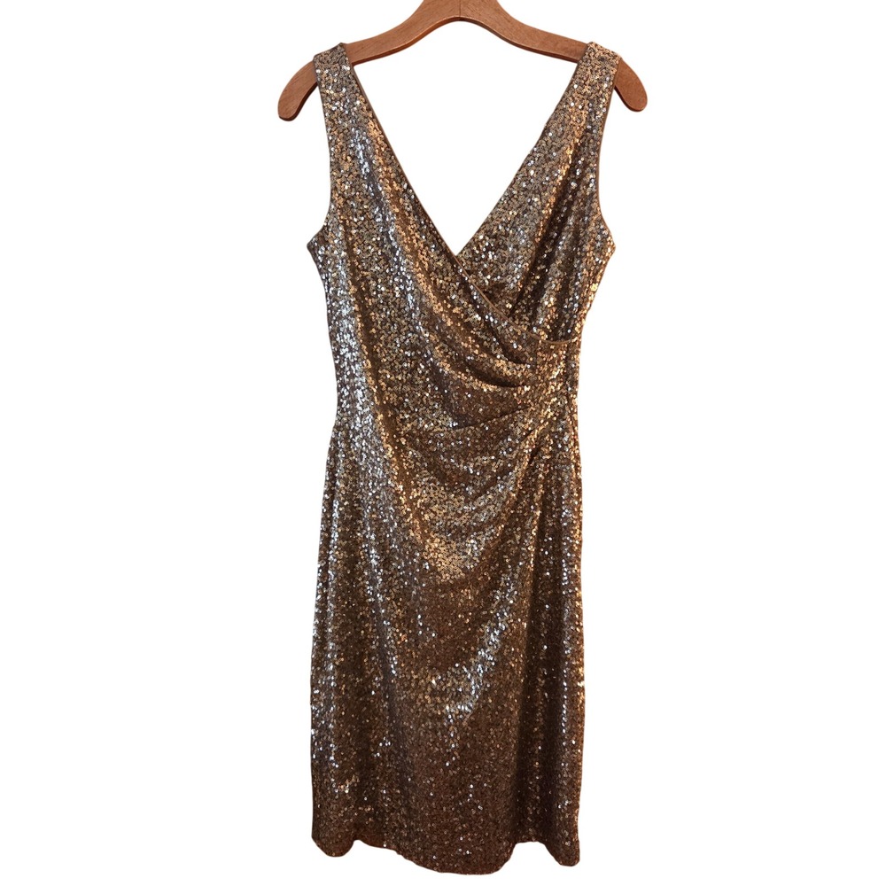 Lauren RL Sparkly Gold Glam Sequin Surplice V-Neck Sheath Cocktail Dress Sz 6 - Picture 2 of 12